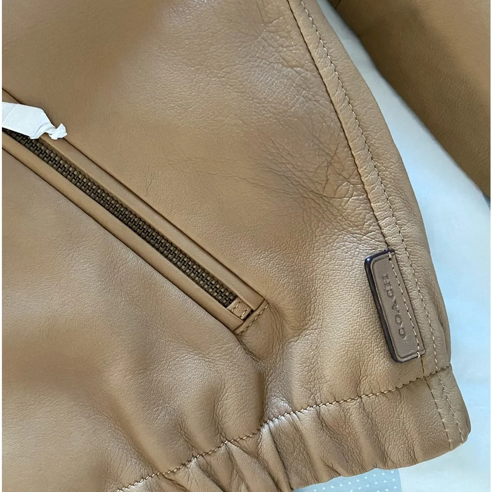 New Coach Women's Soft Leather Zip Jacket Beige / Camel Color  Lightweight